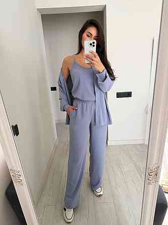 Женский базовый костюм тройка: рубашка майка и штаны креп жатка Серый, 42/44 Одесса