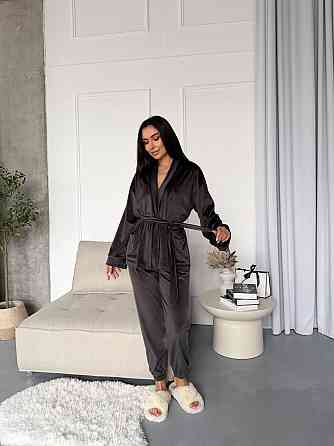 Женский стильный домашний велюровый комплект тройка Графит Одесса