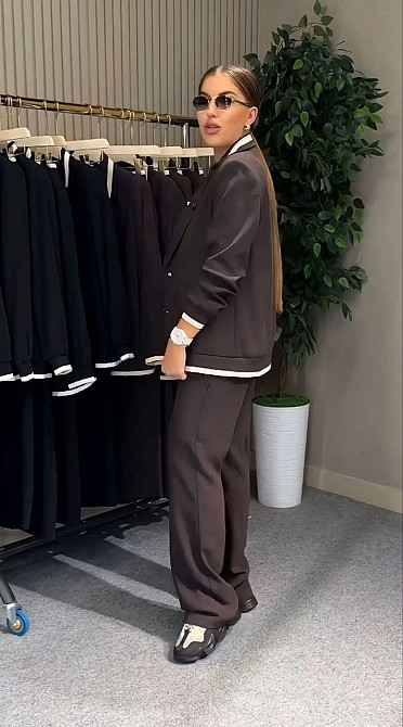 Женский стильный брючный костюм двойка: пиджак и штаны батал итальянский трикотаж Шоколадный, 56/58 Одесса - изображение 2