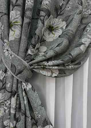 Комплект готових штор VR-Textil Льон з квітковим принтом "Прованс" № 1724ш Сірий 150х265 см 2 шт (33-0637) Київ