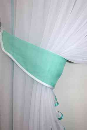 Кухонні шторки VR-Textil № 060к "Дует" з підв'язками бірюзовий з білим 330х170 см (50-323) Київ