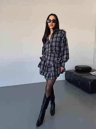 Жіночий стильний костюм-двійка: сорочка та спідниця в карту тіар Темно-синій, 46/48 Одеса