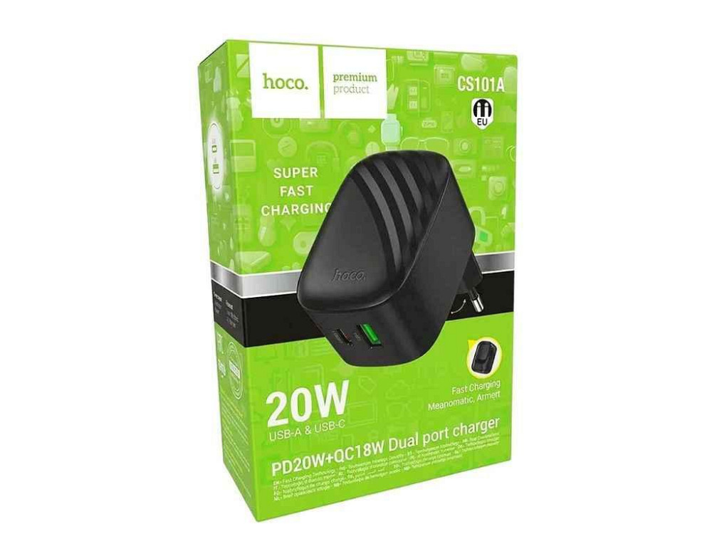 Мережевий зарядний пристрій USB CS101A 3A/1USB/PD20W/QC3.0 чорний ТМ HOCO Київ - фото 1