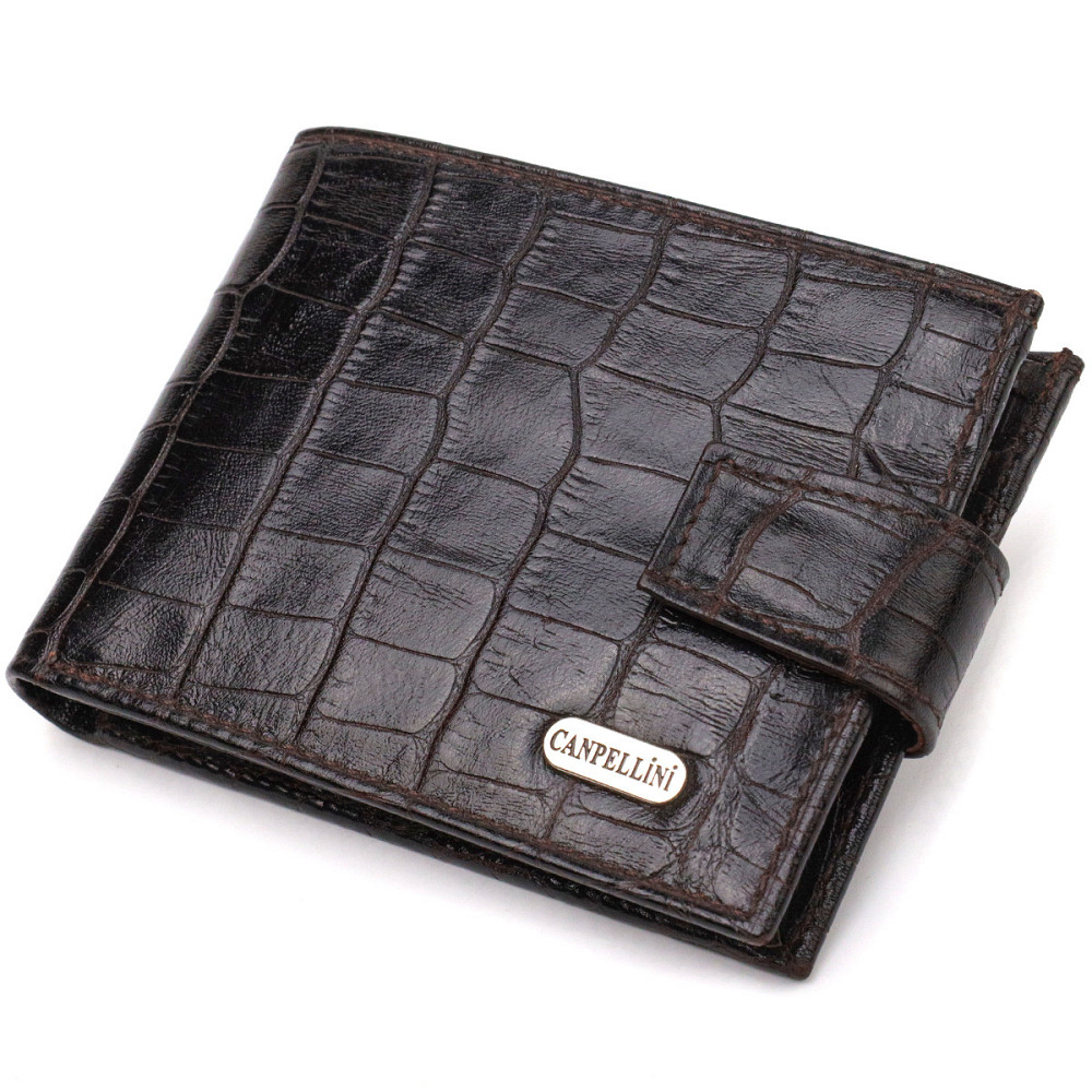 Фактурный небольшой мужской бумажник из натуральной кожи с тиснением под крокодила Черный (CANPELLINI) Киев - изображение 5