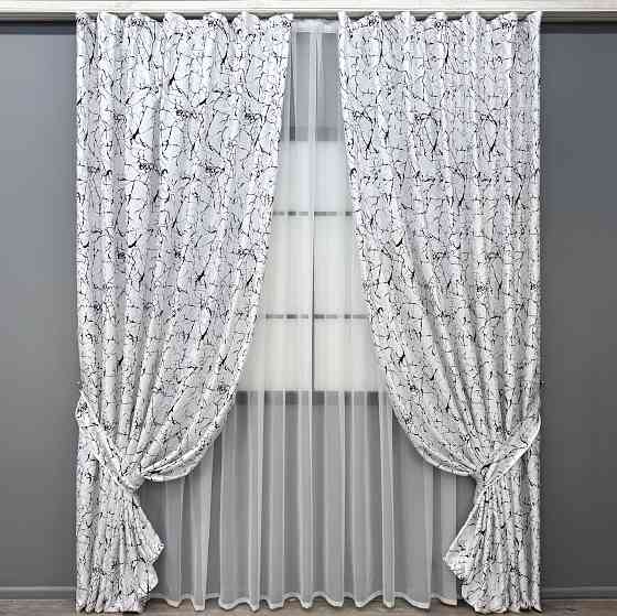 Комплект готових штор VR-Textil Льон мармур Royal Touch № 2000ш Білий з чорним 150х270 см 2 шт (33-0968) Київ