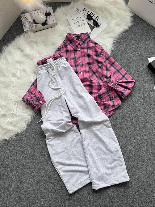 Женский повседневный костюм двойка: рубашка в клетку и штаны фланель + двунитка. Розовый 2, 48/52 Одесса - изображение 8