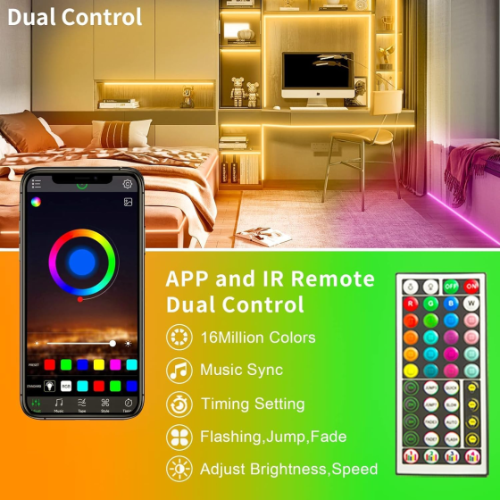 Світлодіодна LED-стрічка KSIPZE RGB 30 м, Bluetooth, 16 млн кольорів, музична синхронізація, керування з телефона та пульта, тайме Київ