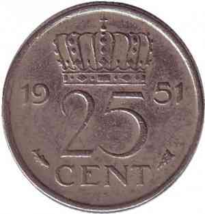 Монета 25 центов. 1951 год, Нидерланды. Полтава