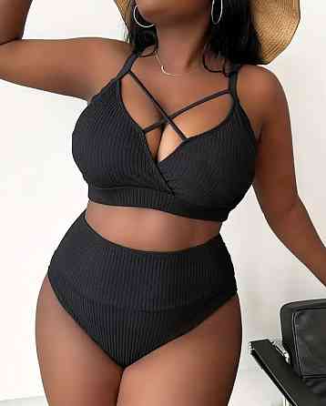 Купальник женский батал раздельный в рубчик черный 3XL Киев