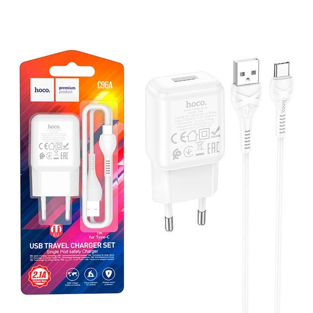 СЗУ зарядний пристрій HOCO C96A 1USB/2.1A з кабелем для заряджання USB - Type-C Білий Кам'янець-Подільський - фото 1