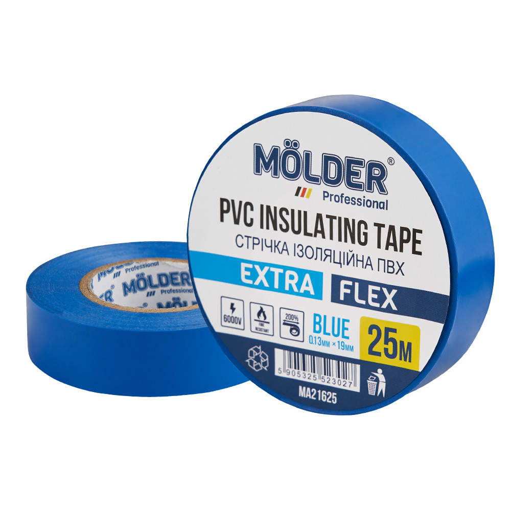 Лента изоляционная ПВХ Molder 0,13x19мм 25м синяя, профессиональная, огнеупорная Львов - изображение 1