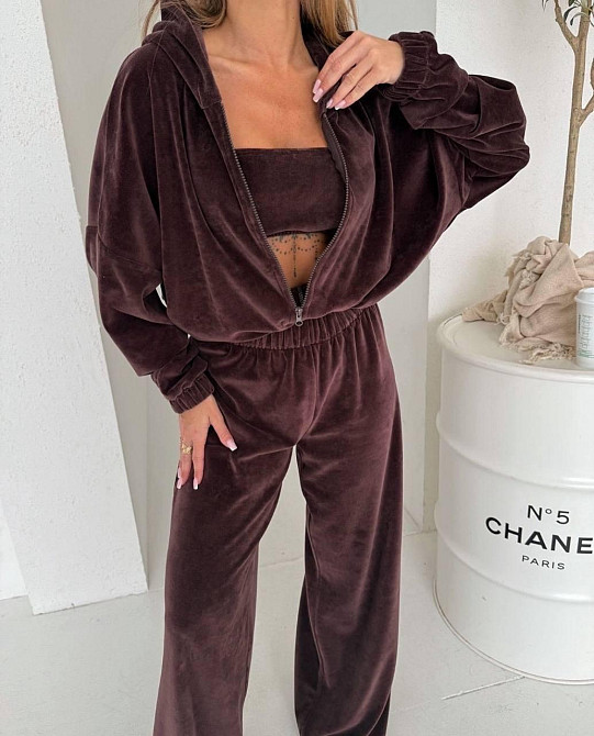 Жіночий плюшевий костюм-трійка: кофта топ і штани з велюру Шоколад, 44/46 Одеса - фото 4