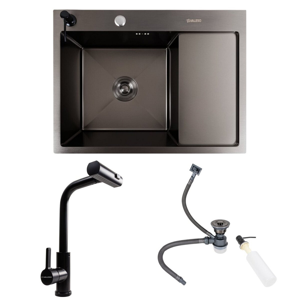КОМПЛЕКТ Valeso Handmade мийка CM 65*50 L PVD чорна + змішувач XK09B чорний Коломыя - изображение 1