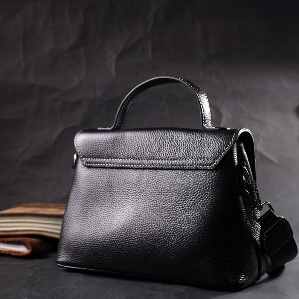 Сумка сетчел у класичному кольорі для жінок з натуральної шкіри Vintage 22291 Чорна Київ - фото 7