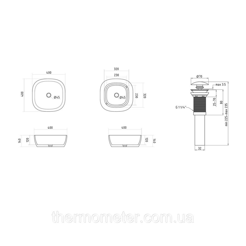 Комплект Qtap Kolibri: Раковина накладна 400x400x140 мм, White, квадратна + Донний клапан Pop-up PU02 Київ - фото 15