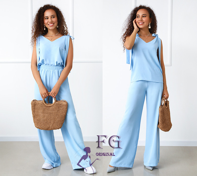 Літній жіночий костюм із широкими штанами "Ясмин" оптом | Норма та батал | Розпродаж моделі Блакитний, 46 Київ - фото 3