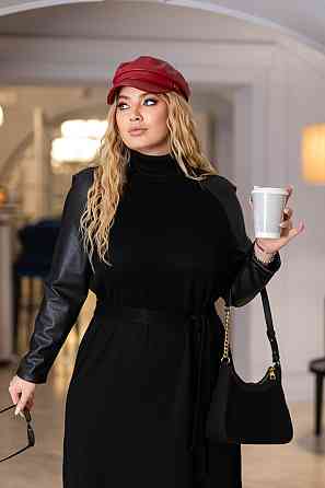 Жіноче плаття міді з рукавами з екошкіри "Freya"| Батал Київ