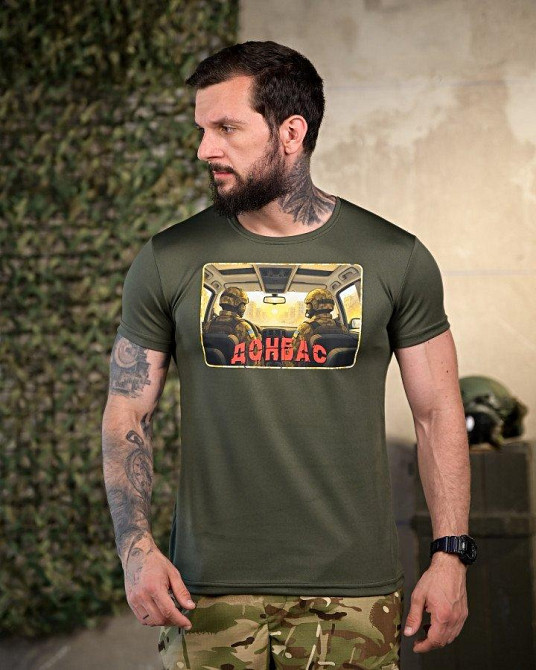 Тактична чоловіча потовідвідна футболка принт Донбас олива Одеса - фото 5