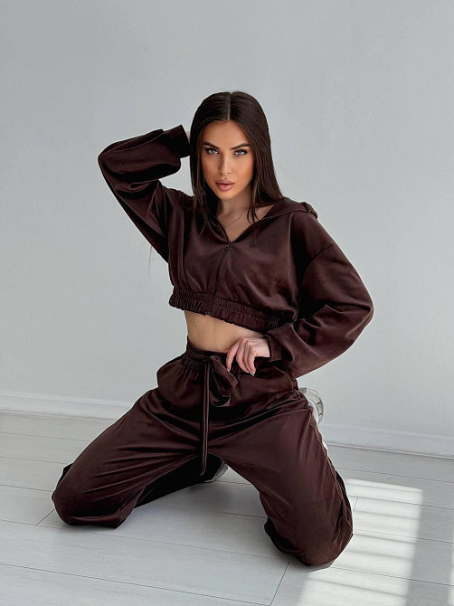 Женский стильный костюм двойка: кофта и штаны из плюш велюра Шоколад, 42/44 Одесса - изображение 3