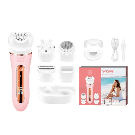Епілятор жіночий 5в1 VGR V-751 IPX6 (бритва, пемза, масажер, щітка) 5 насадок Рожевий Вінниця