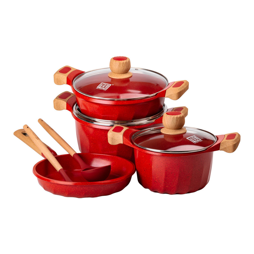 Набір посуду, 3 каструлі, товстодонне алюмінієве дно MGC з лопаткою та ополоником, червоний HP-4-401R Київ - фото 1