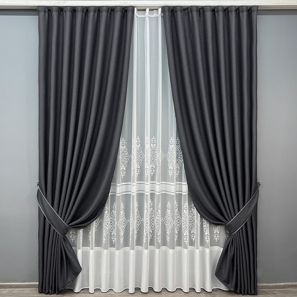 Комплект штор VR-Textil Льон Мішковина 100х270 2шт і Тюль 300х270 1161ш-1703т Графітовий з білим 71-178/1 Київ - фото 1