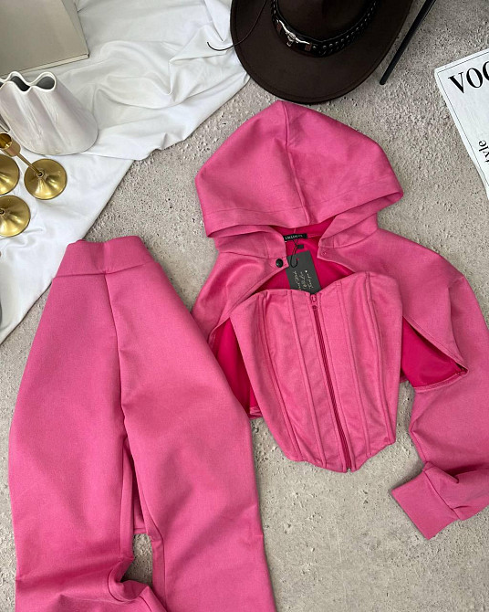 Женский стильный костюм тройка: кофта, корсет и лосины замш на дайвинге Малиновый, 46/48 Одесса - изображение 9