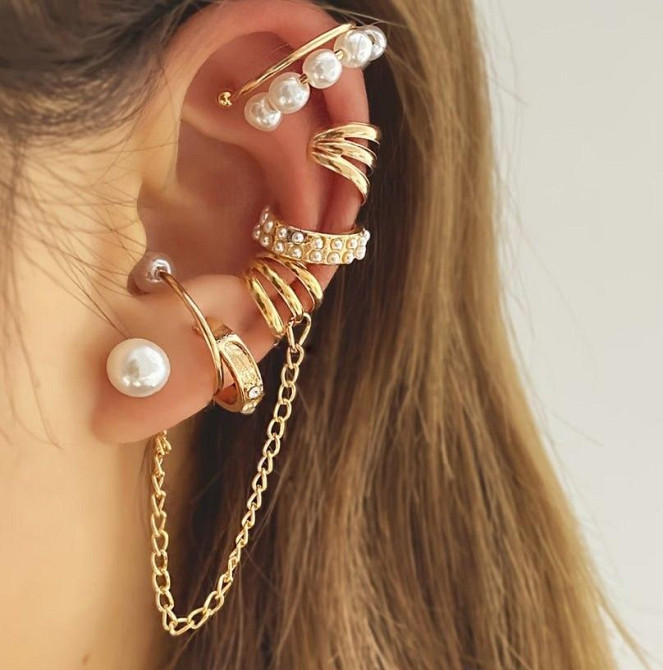 Набор каффов и серег для ушей 8 шт, набор украшений для пирсинга с цепочкой и жемчугом Киев - изображение 1