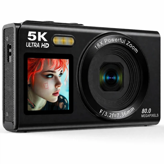 Цифрова камера 5K 80 МП Wi-Fi з подвійним екраном, EIS, 18x Zoom, 2 акумулятори + карта 64 ГБ, чорна Київ