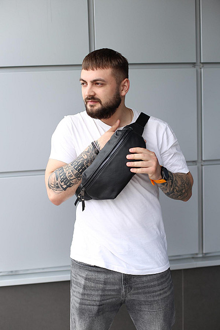 Бананка із натуральної шкіри, шкіряна сумка на пояс SKILL Taller (Чорна) Суми - фото 7