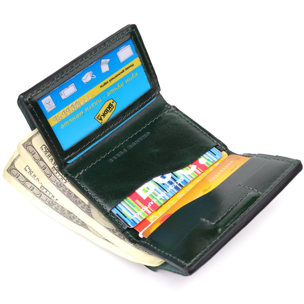 Відмінний гаманець у три складання з натуральної гладкої шкіри Зелений (GRANDE PELLE) Київ - фото 1