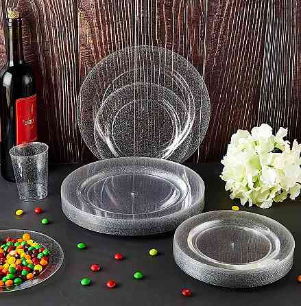 Набор тарелок пластиковые 12 штук круглые,обеденные 26 см и десертные 19 см, прозрачные с блестками Каменец-Подольский