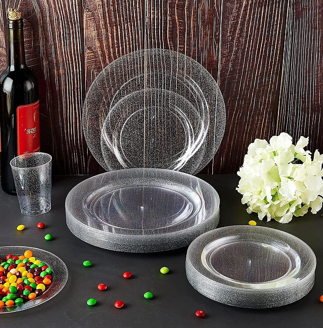 Набір тарілок пластикові 12 штук круглі,обідні 26 см і десертні 19 см, прозорі з блискітками Кам'янець-Подільський - фото 3