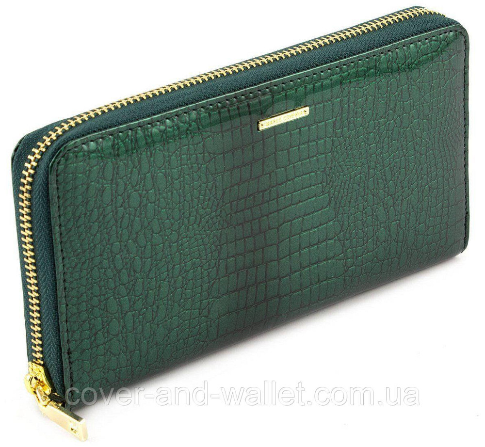 Большой женский кожаный лаковый кошелек на молнии зеленого цвета Marco Coverna Киев - изображение 4