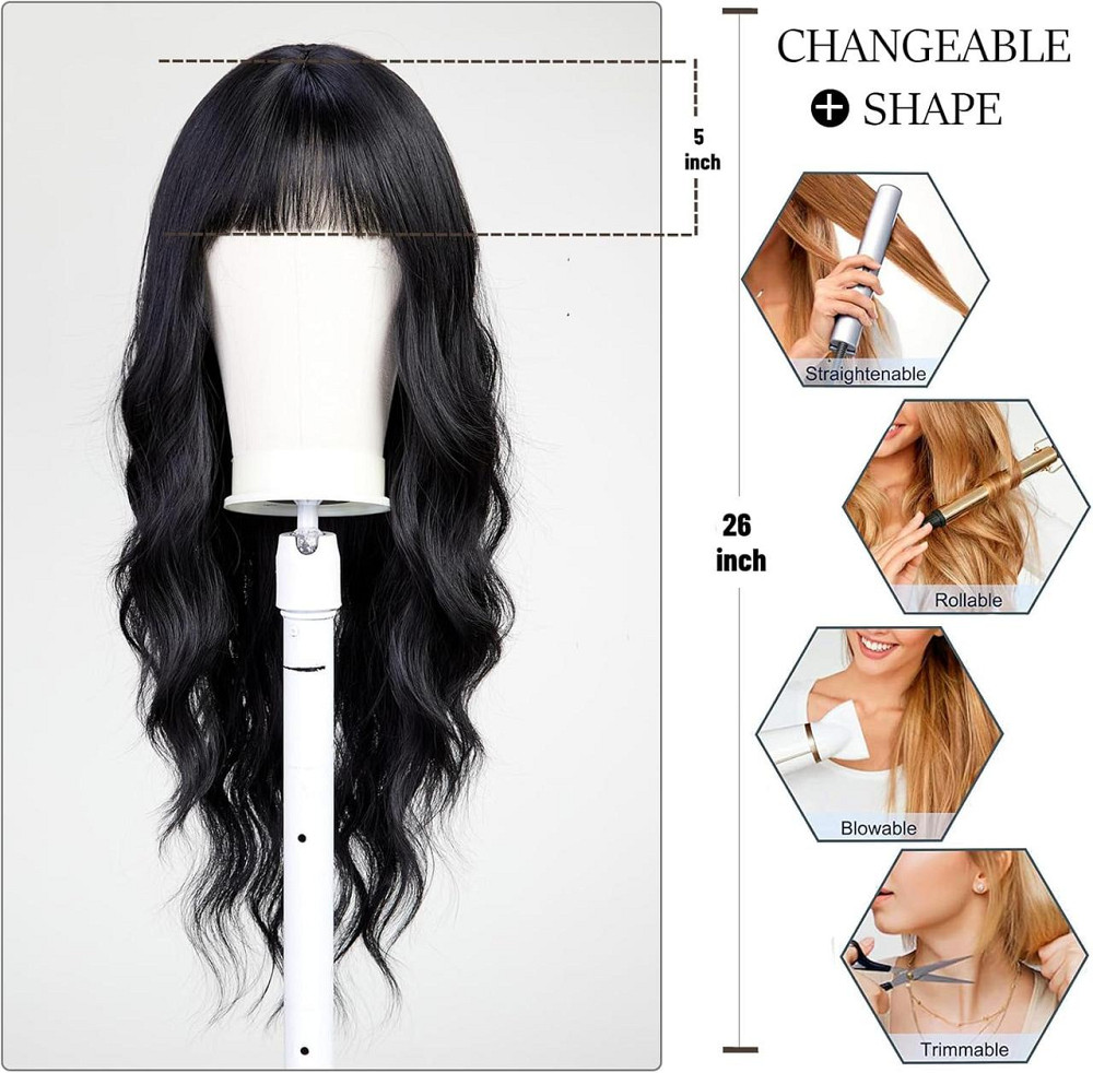 Довга чорна хвиляста жіноча перука з чубчиком UEVIES, 60 см, термостійка, синтетичне волосся 24" брюнетка Київ - фото 5