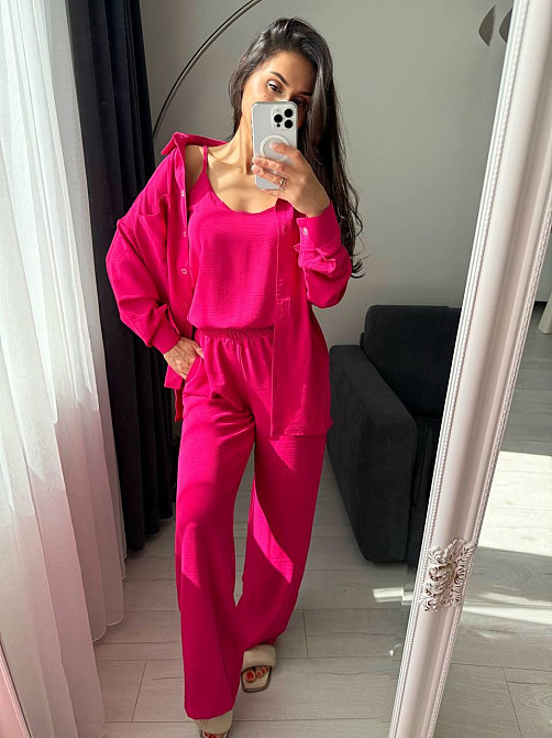 Женский базовый костюм тройка: рубашка майка и штаны креп жатка Малиновый, 42/44 Одесса - изображение 4
