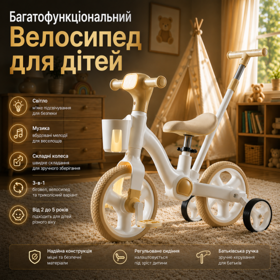 Детский беговел-велосипед 3-в-1 Black: умный трансформер со светом, музыкой и складными колесами, от 2 до 5 лет Киев