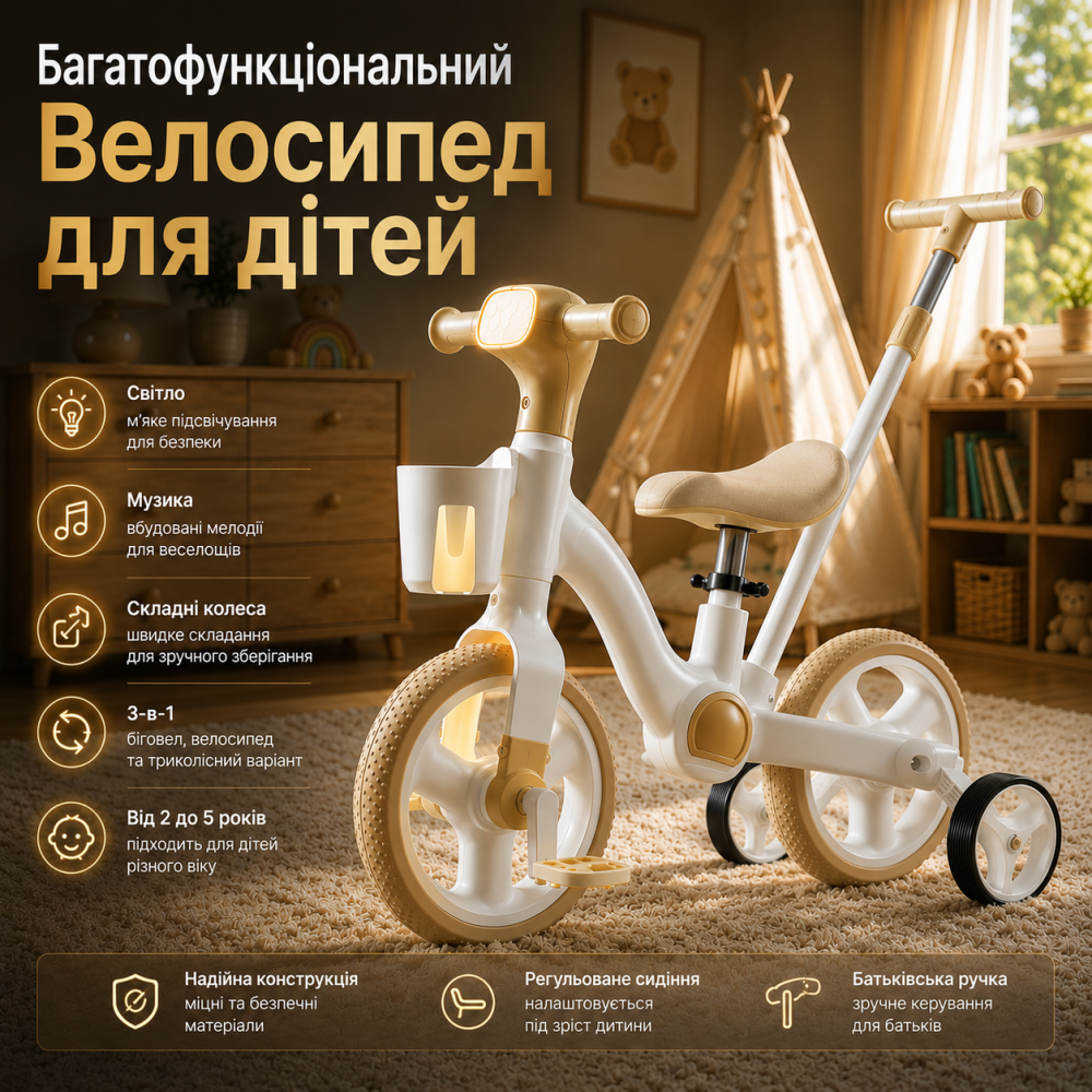 Детский беговел-велосипед 3-в-1 Black: умный трансформер со светом, музыкой и складными колесами, от 2 до 5 лет Киев - изображение 6
