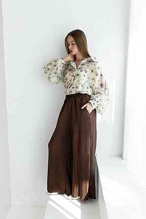 Женский романтичный костюм двойка: рубашка и плиссированные брюки дабл шелк армани + тенсел Одесса