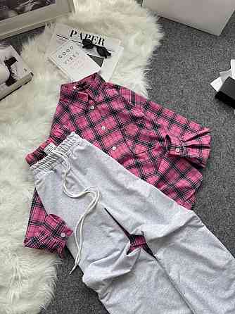 Женский повседневный костюм двойка: рубашка в клетку и штаны фланель + двунитка. Розовый 2, 48/52 Одесса