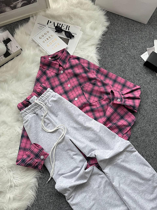 Женский повседневный костюм двойка: рубашка в клетку и штаны фланель + двунитка. Розовый 2, 48/52 Одесса - изображение 6
