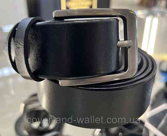 Широкий чоловічий шкіряний ремінь чорного кольору зі стандартною пряжкою 40 мм PS Leather Київ