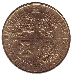 70 років військової авіації. Монета 200 лір. 1993 рік, Італія.(АМ) Полтава - фото 1