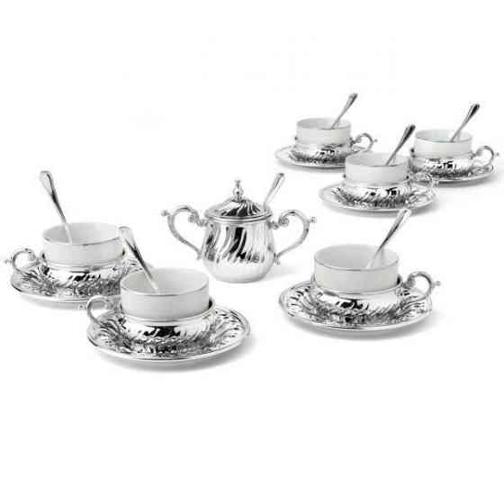 Чайный сервиз (6 чашек в подстаканниках, 6 чайных ложечек, 1 сахарница и 1 ложечка для сахара Ровно