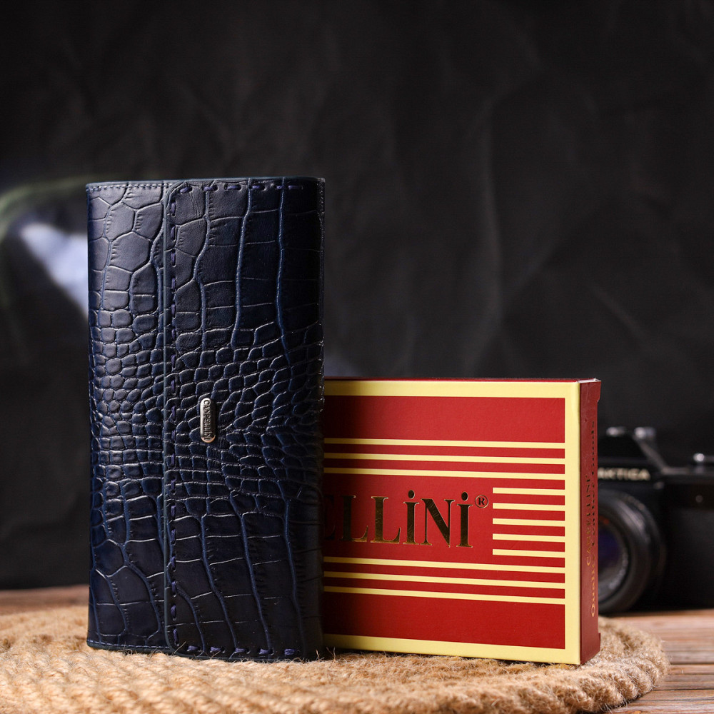 Великий жіночий гаманець із натуральної шкіри з тисненням під крокодила CANPELLINI 21661 Синій Київ - фото 10
