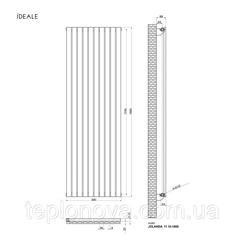 Дизайнерський радіатор 1800/590 (мм) чорний мат IDEALE JOLANDA (універсальне підключення) 11 10/1800/590 Чернівці - фото 5