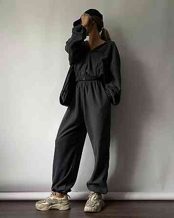 Женский теплый прогулочный костюм двойка: кофта и штаны микрофлис Графит Одесса