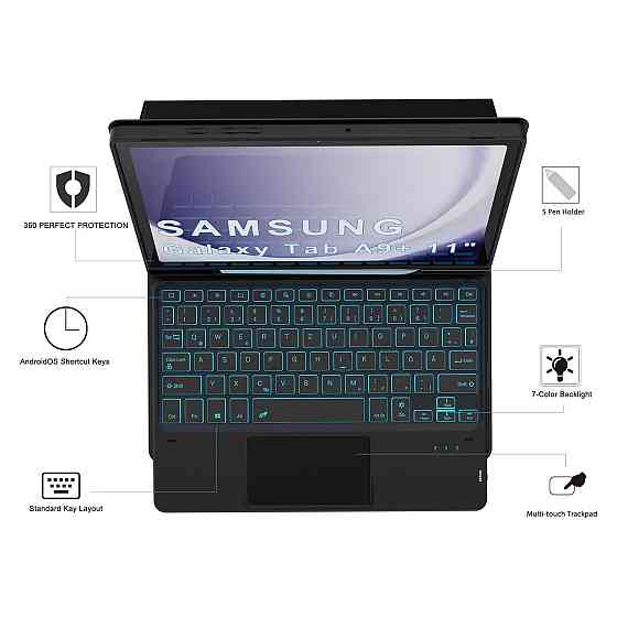 Клавіатурний чохол для Samsung Galaxy Tab A9+ Чорний QWERTZ підсвічування тримач для пера Київ