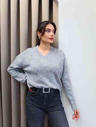 Жіночий светр оверсайз крою з камінчиками машинне в'язання Сірий Одеса