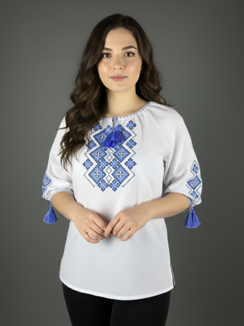 Жіноча натуральна вишита сорочка з домочного полотна із синім орнаментом 46 Київ - фото 1